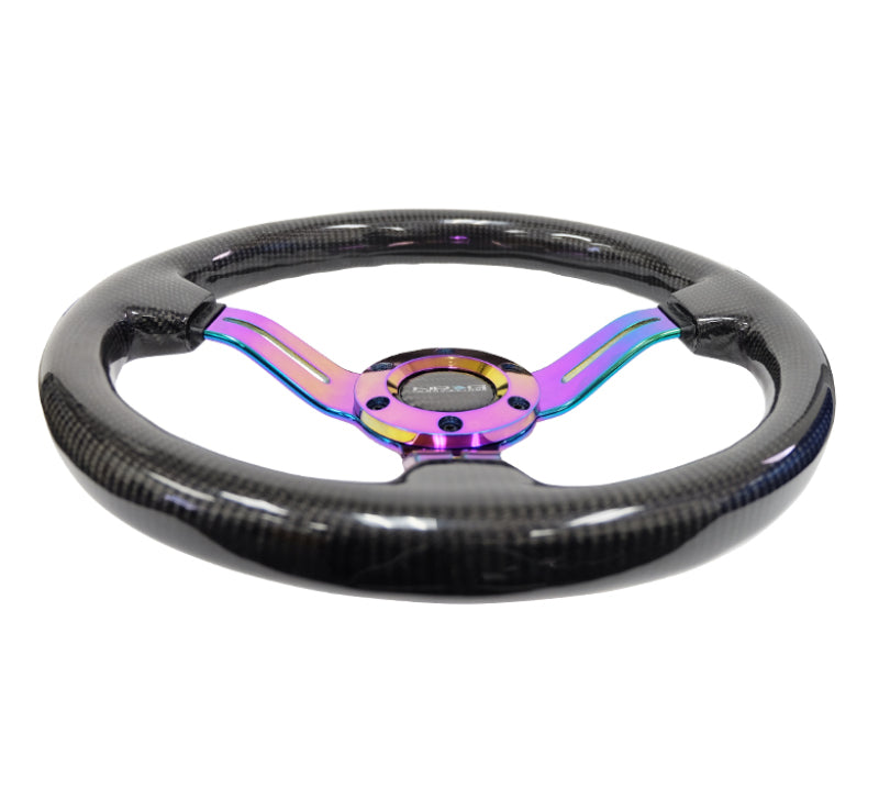 NRG Carbon Fiber Steering Wheel (350mm / 1.5in. Deep) Neochrome 3-Spoke Design w/Slit Cuts