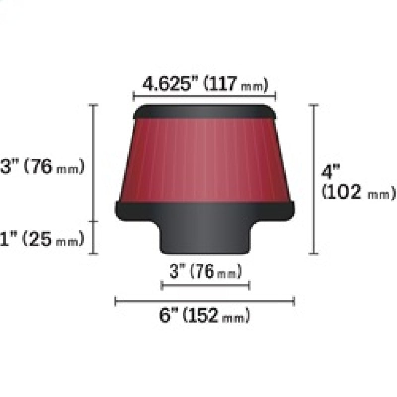 K&N Universal Round Clamp-On Air Filter 3in Flange ID x 6in Base OD x 4.625in Top OD x 3in Height