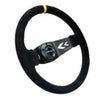 NRG Reinforced Steering Wheel (350mm / 3in. Deep) Blk Suede w/NRG Arrow Cut 2-Spoke & Yellow Mark