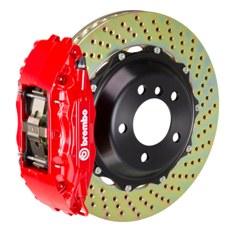 Brembo 05-14 Mustang GT Excl non-ABS Equipped Fr GT BBK 4Pist Cast 2pc 355x32 2pc Rtr Drill-Red
