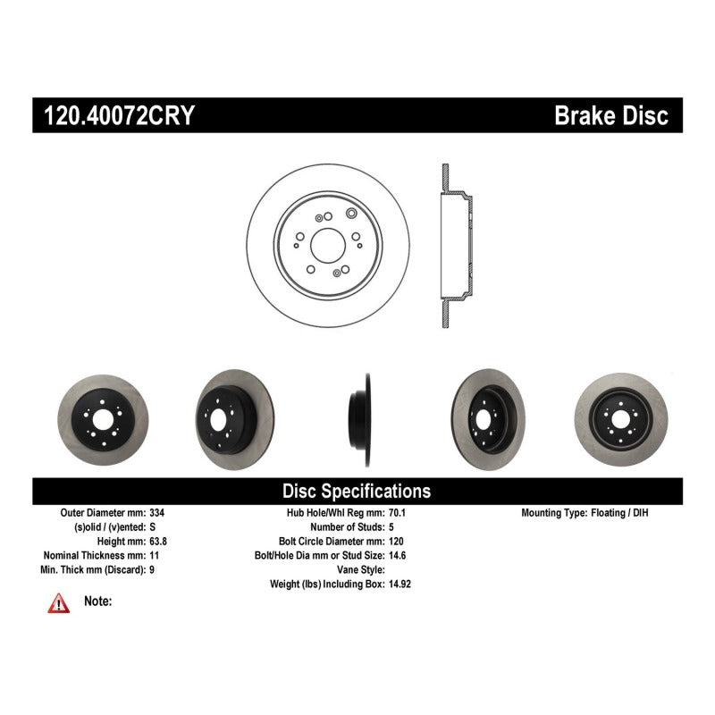 Stoptech 09-15 Honda Pilot / 11-17 Honda Odyssey Rear Premium CryoStop Brake Rotor