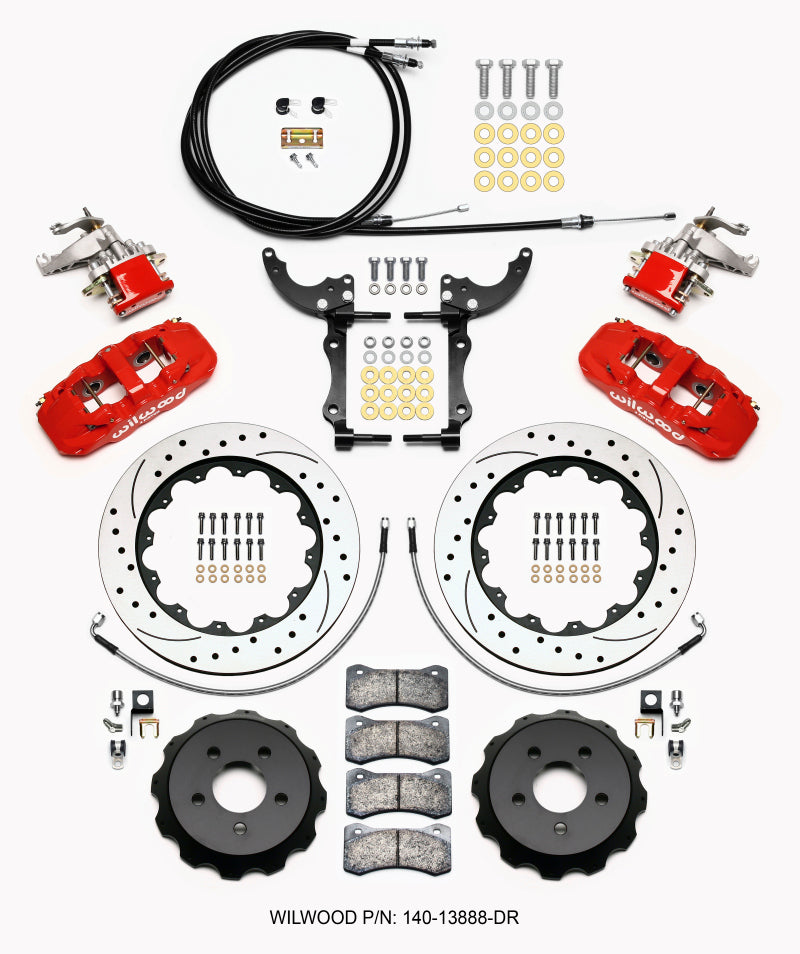 Wilwood AERO4 / MC4 Rear Kit 14.00 Drilled Red 2015-Up Mustang w/Lines & Cables