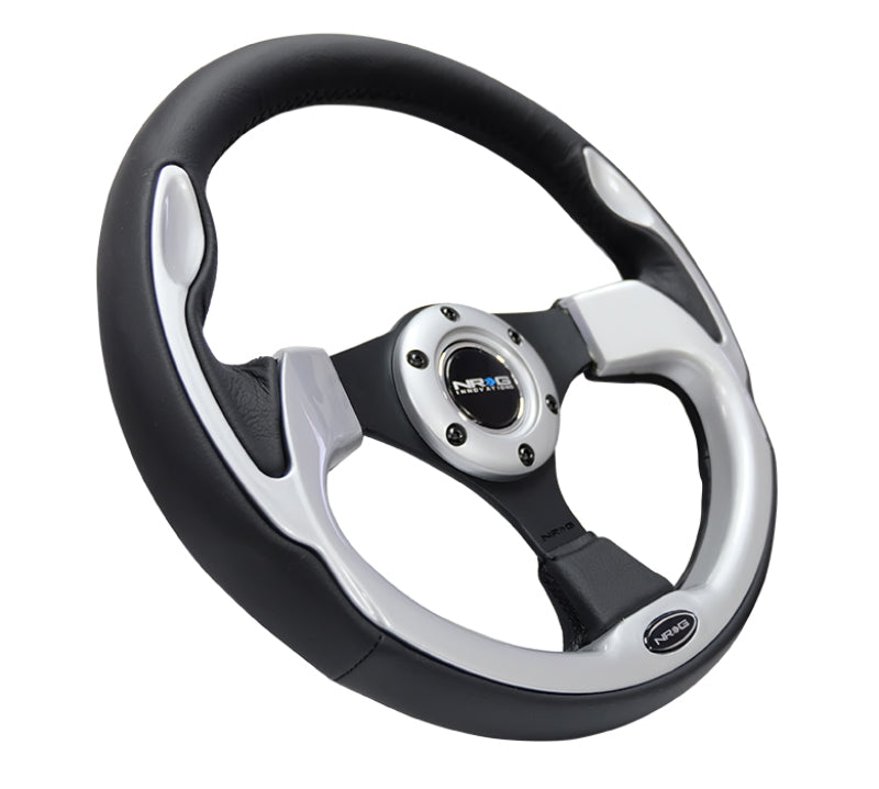 NRG Reinforced Steering Wheel (320mm) Blk w/Silver Trim & 5mm 3-Spoke