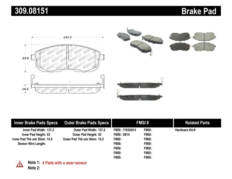 StopTech Performance 02-04 Infiniti I30/I35 / 02-06 Nissan Altima Front Brake Pads