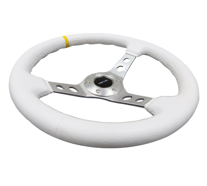 NRG Reinforced Steering Wheel (350mm / 3in. Deep) Wht Leather w/Silver Spoke & Single Yellow Mark