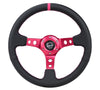 NRG Reinforced Steering Wheel (350mm/3in. Deep) Black Leather/ Fushia Center Mark/ Fushia Stitching