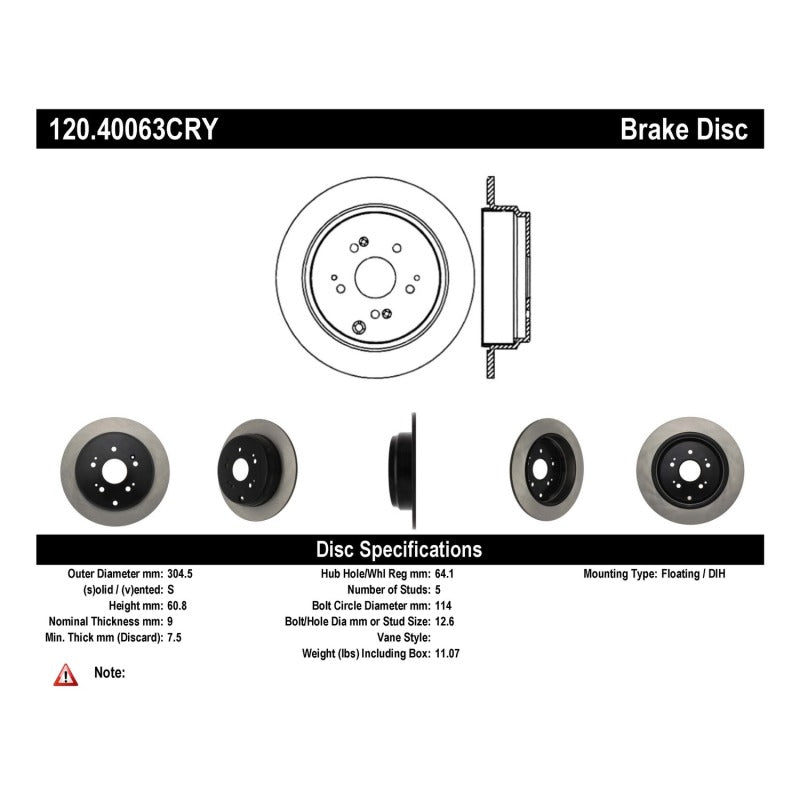 Stoptech 07-18 Acura RDX Rear Premium CryoStop Brake Rotor
