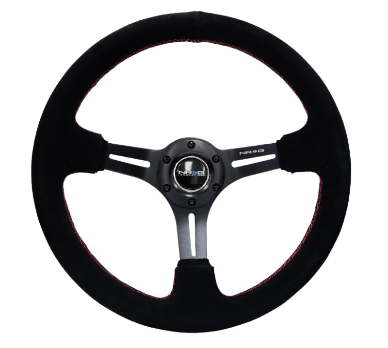 NRG Reinforced Steering Wheel (350mm / 3in. Deep) Blk Suede w/Red Stitching & 5mm Spokes w/Slits