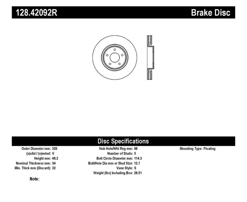 StopTech 11/05+ Infinity FX 35/45 SportStop Drilled Front Right Rotor